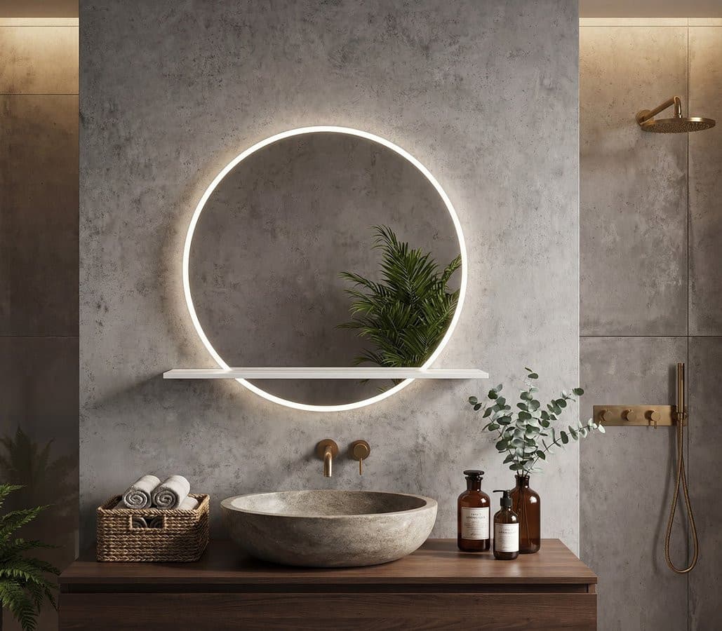 VISO okrągłe lustro z oświetleniem LED, ø 60cm, półką, biały mat