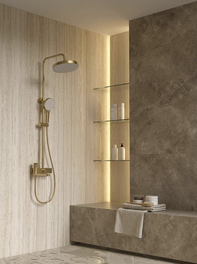 Kolumna prysznicowa z baterią dźwigniową, obrotowym wylewka, złoto mat