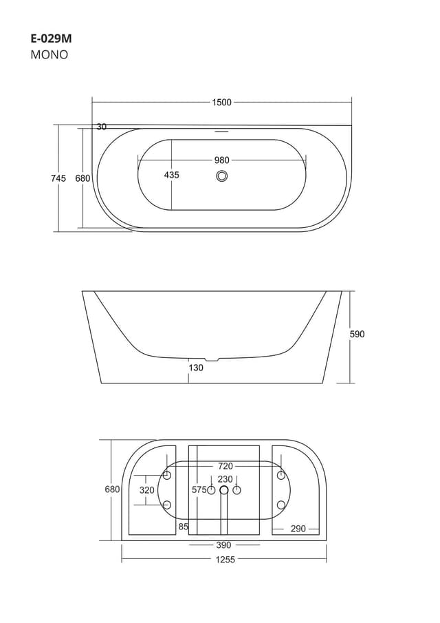 Wanna przyścienna MONO E029MBRG 150x74 cm Korek klik-klak Miedź Szczotkowana