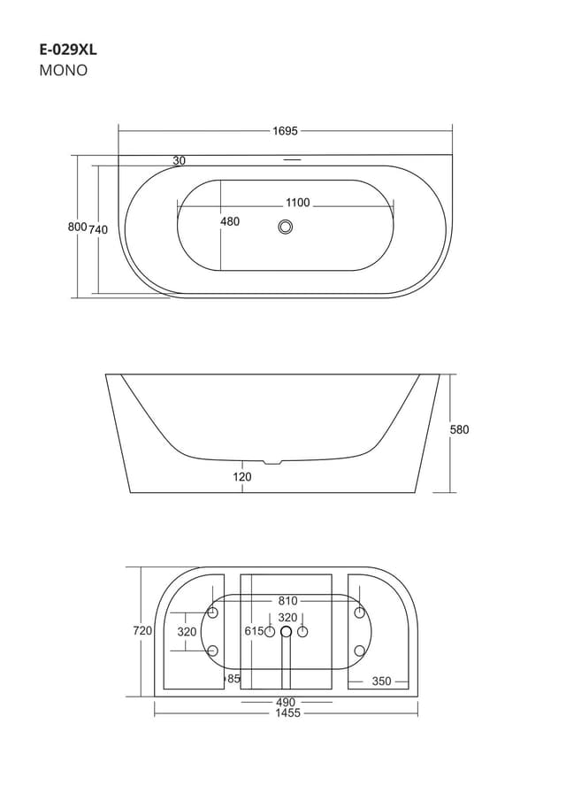 Wanna przyścienna MONO E029XLBSL 170x80 cm Korek klik-klak Stal Szczotkowana