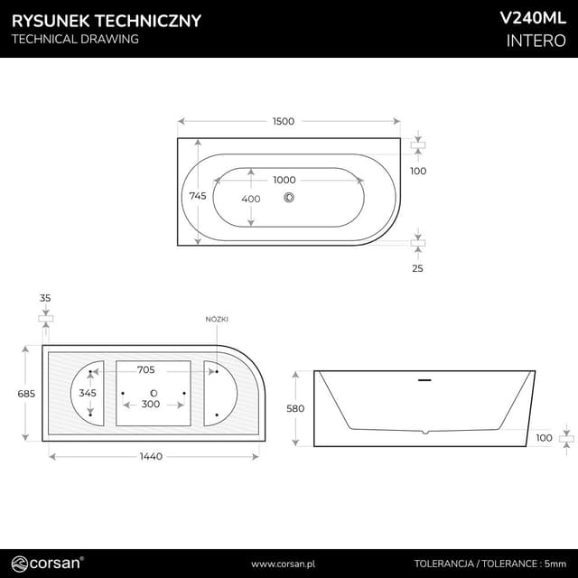 Wanna narożna INTERO V240MLWH 150 cm Montaż lewostronny Przelew szczelinowy Korek klik klak Biały