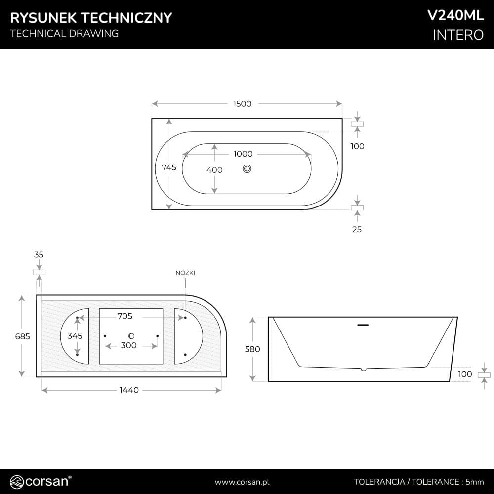 Wanna narożna INTERO V240MLBRG 150 cm Montaż lewostronny Przelew szczelinowy Korek klik klak Miedziane Złoto Szczotkowane