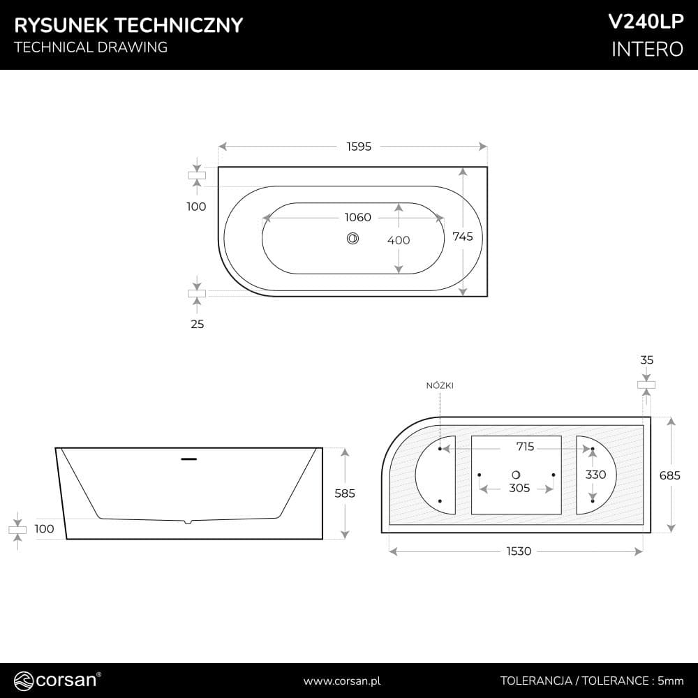 Wanna narożna INTERO V240LPWH 160 cm Montaż prawostronny Przelew szczelinowy Korek klik klak Biały