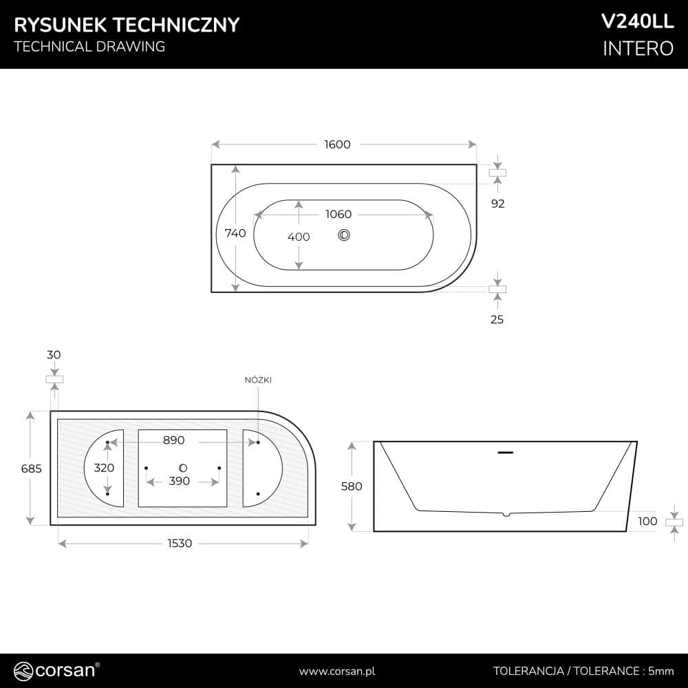 Wanna narożna INTERO V240LLBGL 160 cm Montaż lewostronny Przelew szczelinowy Korek klik klak Złoty szczotkowany