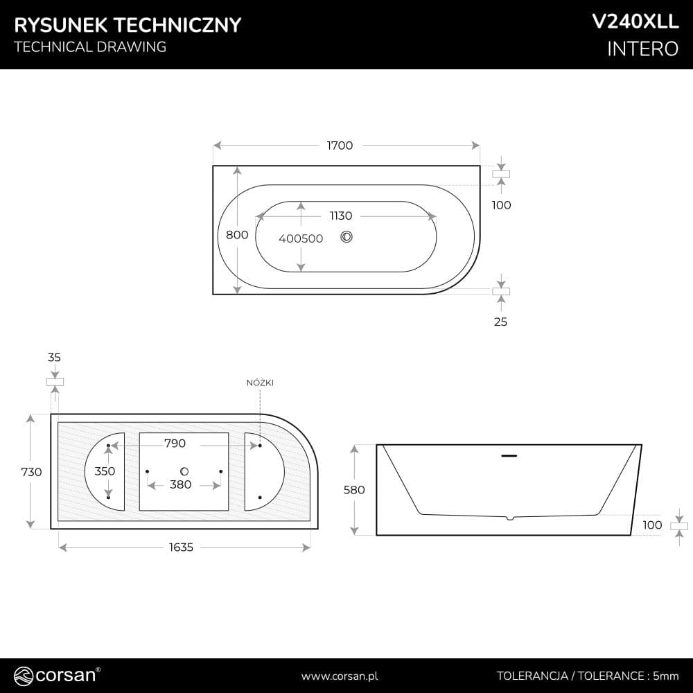 Wanna narożna INTERO V240XLLBRG 170 cm Montaż lewostronny Przelew szczelinowy Korek klik klak Różowe złoto szczotkowane