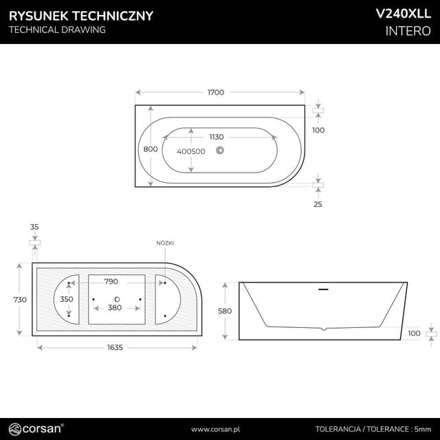 Wanna narożna INTERO V240XLLCH 170 cm Montaż lewostronny Przelew szczelinowy Korek klik klak Chrom