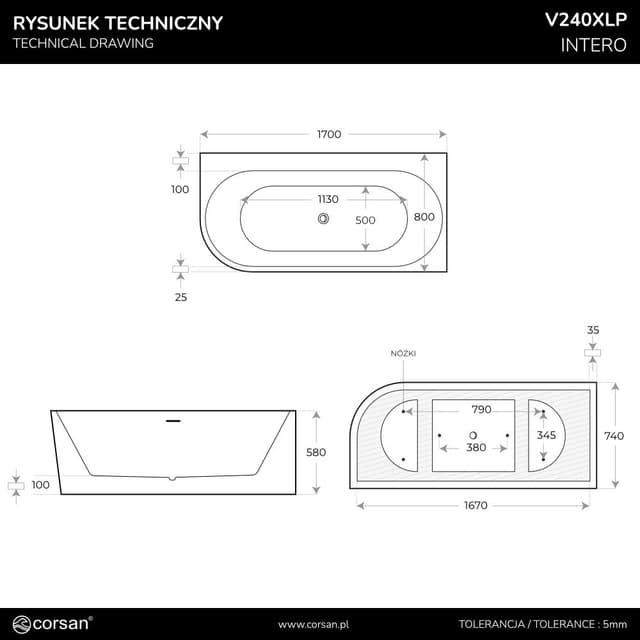 Wanna narożna INTERO V240XLPBL 170 cm Montaż prawostronny Przelew szczelinowy Korek klik klak Czarny
