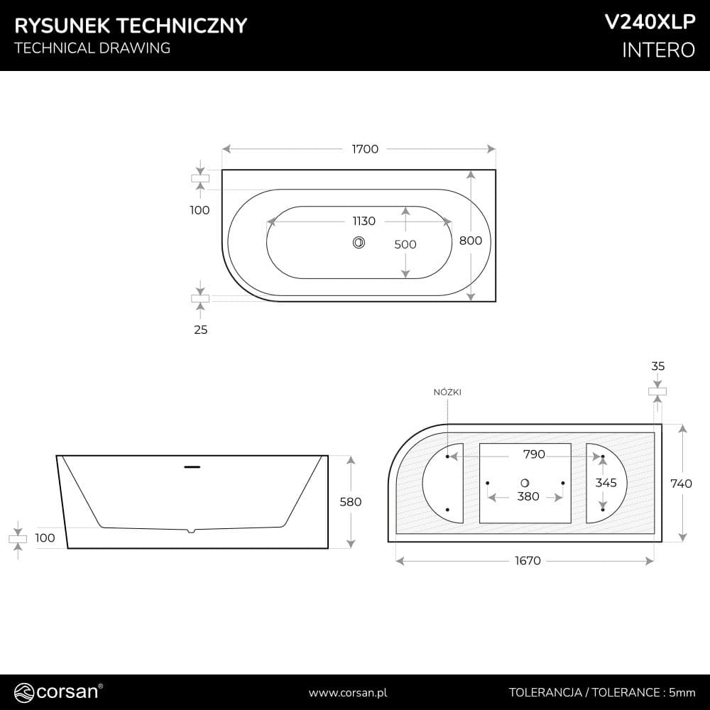 Wanna narożna INTERO V240XLPRG 170 cm Montaż prawostronny Przelew szczelinowy Korek klik klak Różowe złoto
