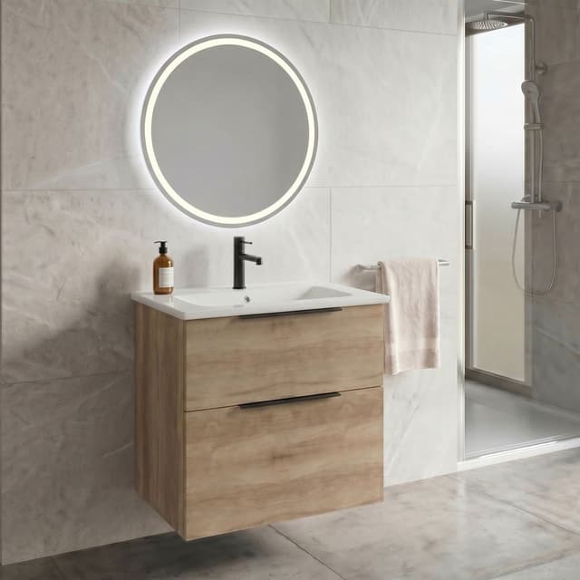CIRASA Szafka łazienkowa 60 cm z umywalką i lustrem LED, 2 szuflady, dąb Alabama