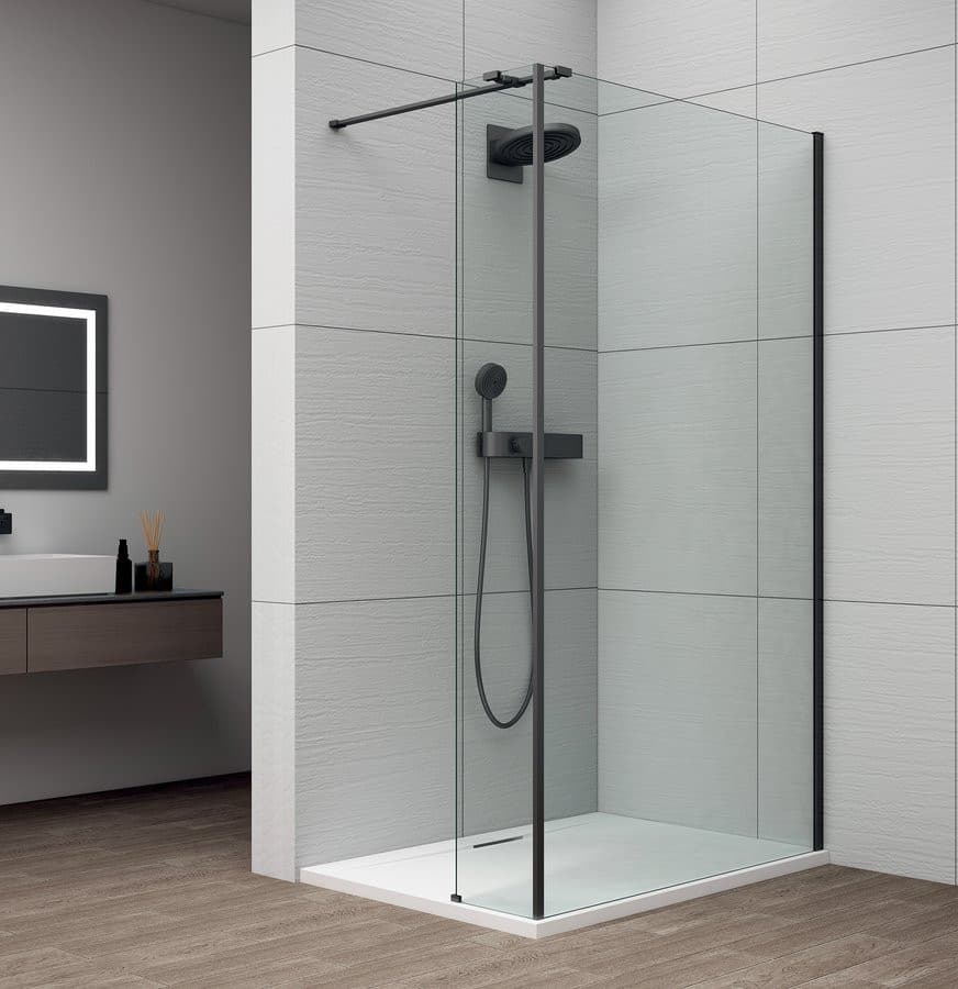 ESCA BLACK MATT kabina prysznicowa Walk-in do montażu do ściany 700mm dodatkowy panel 585mm, szkło czyste