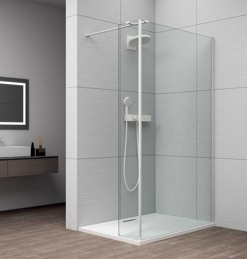 ESCA WHITE MATT kabina prysznicowa Walk-in do montażu do ściany 700mm dodatkowy panel 385mm, szkło czyste