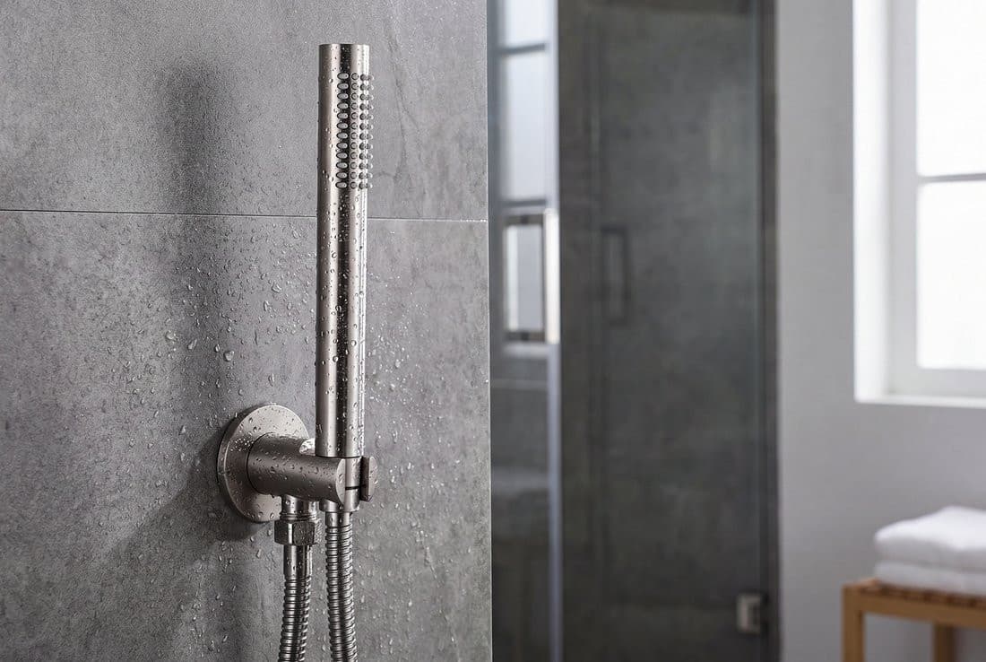 MINIMAL uchwyt prysznicowy okrągły, stały, z wylewką, stal nierdzewna mat
