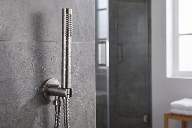 MINIMAL uchwyt prysznicowy okrągły, stały, z wylewką, stal nierdzewna mat