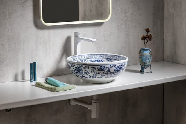 PRIORI umywalka ceramiczna nablatowa Ø 41 cm biały z niebieskim wzorem