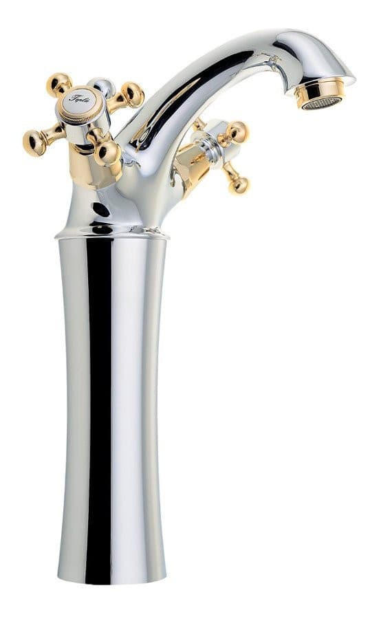 ANTEA wysoka bateria umywalkowa z odpływem, retro, chrom/złoto