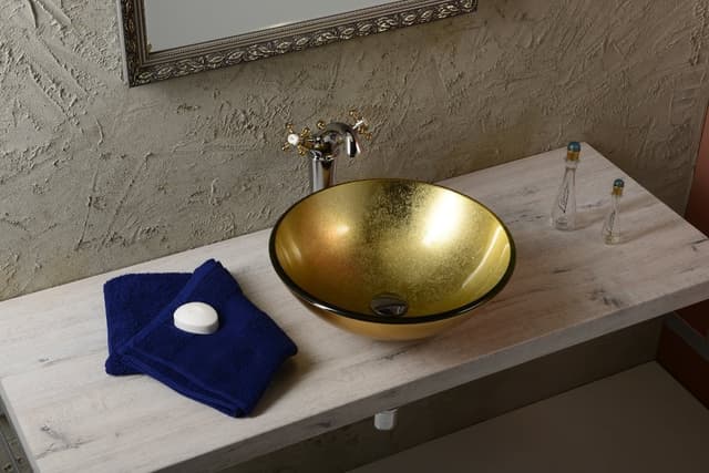 ANTEA wysoka bateria umywalkowa z odpływem, retro, chrom/złoto