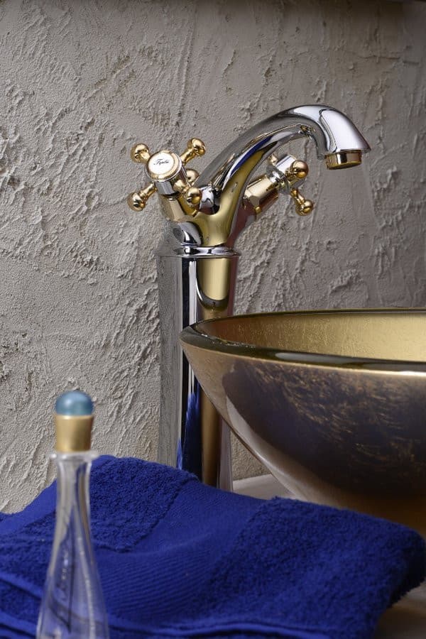 ANTEA wysoka bateria umywalkowa z odpływem, retro, chrom/złoto